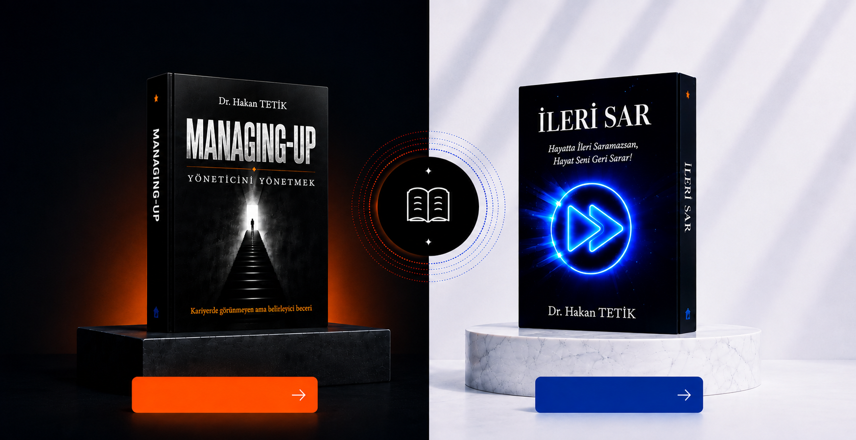 Managing Up ve İleri Sar kitaplarının yer aldığı bölünmüş kapak görseli